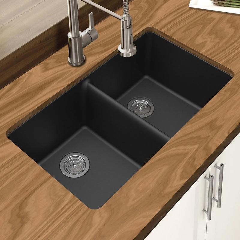 Winpro Undermount Kitchen Sink, Equal Double Bowl, Granite Quartz, 33", Black 4 Winpro Undermount Kitchen Sink, Equal Double Bowl, Granite Quartz, 33", Black - Image 2