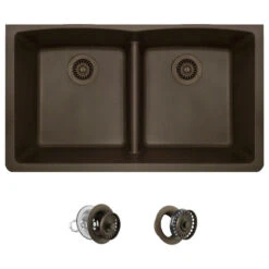 812 Low-Divide Double Bowl Kitchen Sink, Mocha, Colored Strainer/Flange