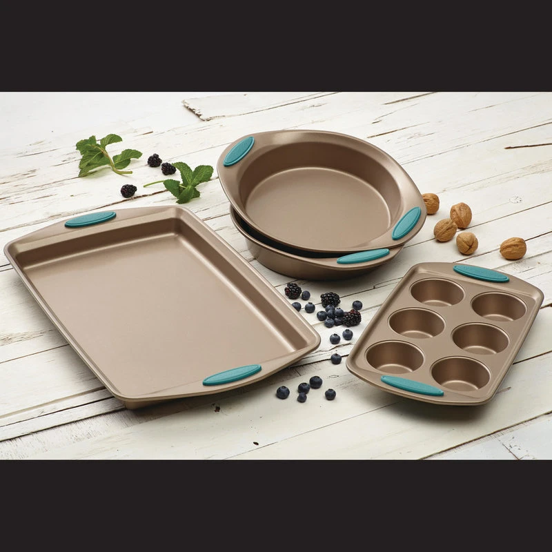 Cucina Nonstick Bakeware 4-Piece Set, Latte Brown, Agave Blue Handle Grips 4 Cucina Nonstick Bakeware 4-Piece Set, Latte Brown, Agave Blue Handle Grips - Image 2