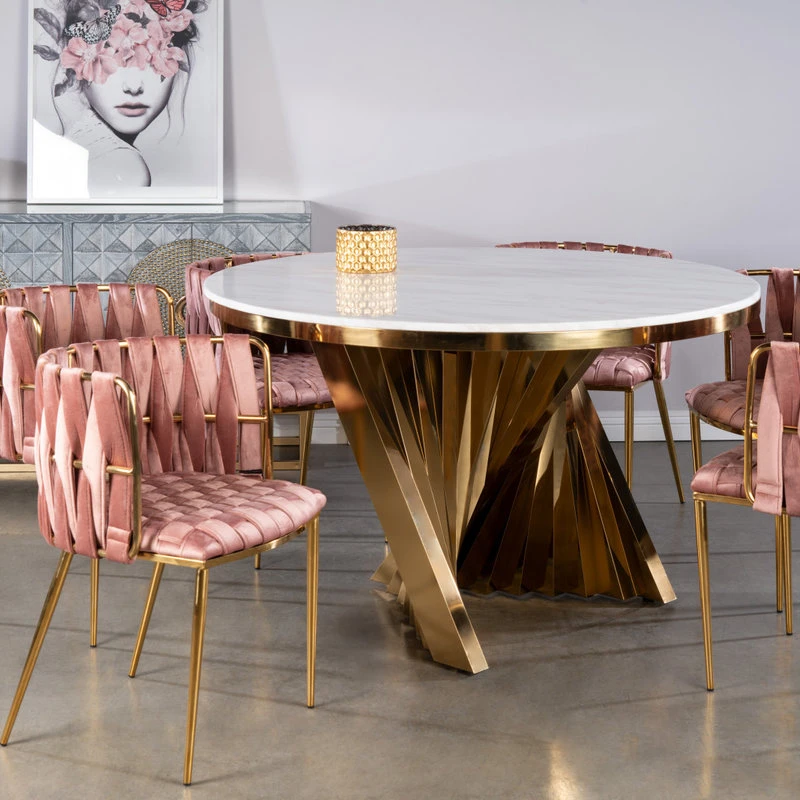 Waterfall Round Marble Top Dining Table, Gold And White 7 Waterfall Round Marble Top Dining Table, Gold And White - Image 5