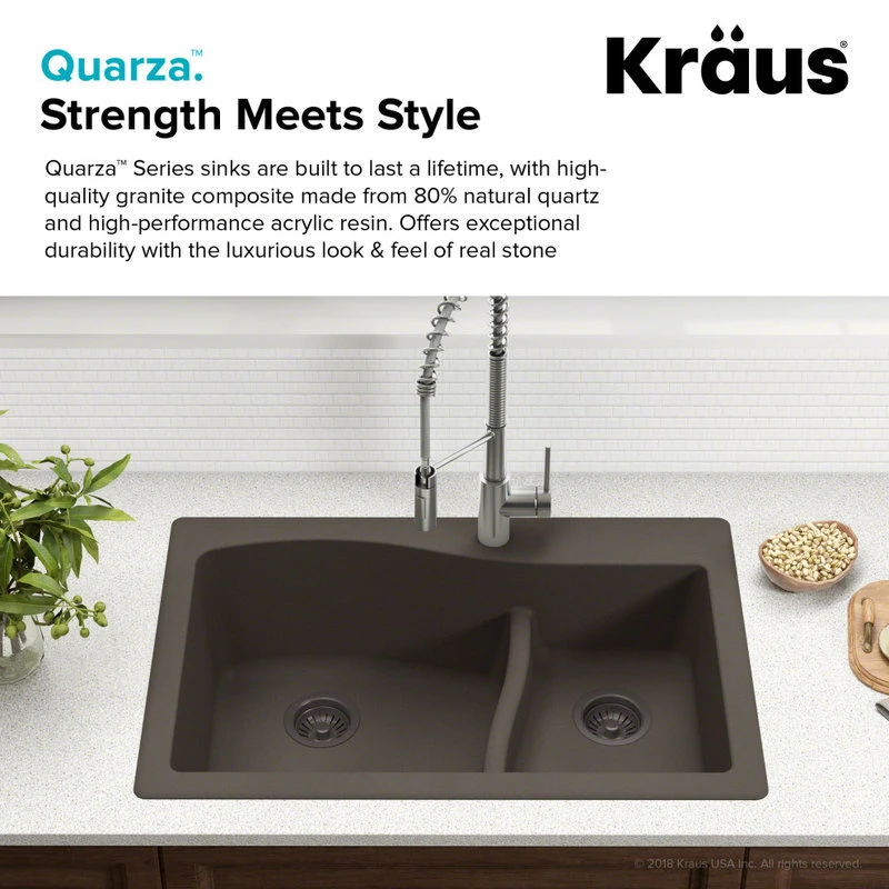 Quarza 33" Drop-In Undermount Granite Composite 60/40 Kitchen Sink, Brown 6 Quarza 33" Drop-In Undermount Granite Composite 60/40 Kitchen Sink, Brown - Image 4