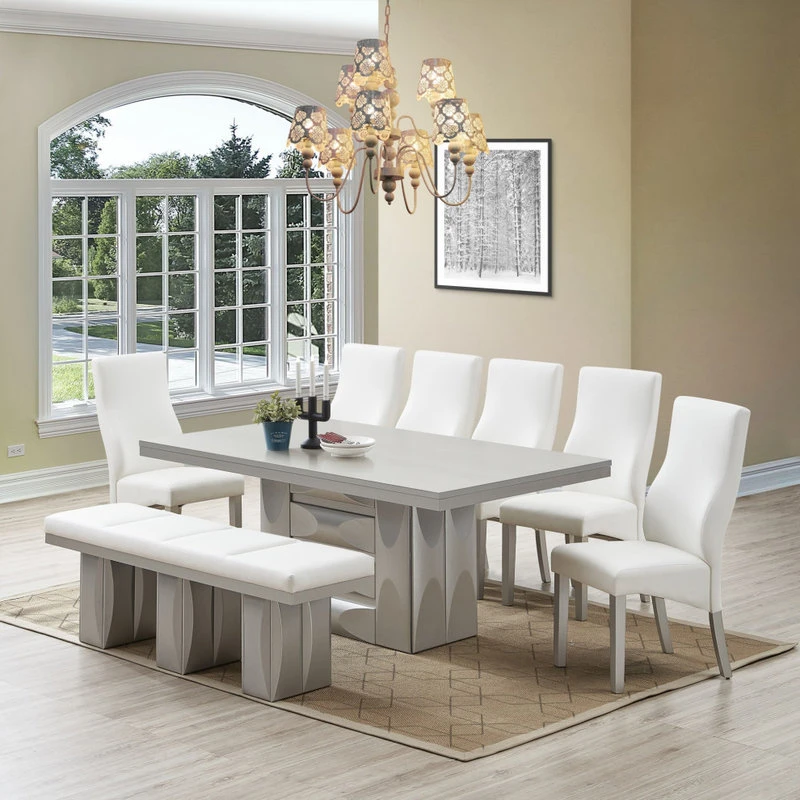 Astra 6 Piece Dining Set, Champagne Wood And White Vinyl, 6 Chairs, Bench 4 Astra 6 Piece Dining Set, Champagne Wood And White Vinyl, 6 Chairs, Bench - Image 2