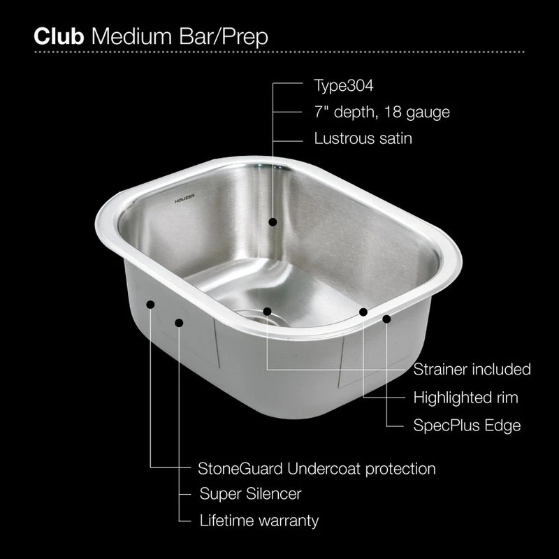 Houzer CS-1407-1 Club Series Undermount Medium Bowl Bar/Prep Sink 5 Houzer CS-1407-1 Club Series Undermount Medium Bowl Bar/Prep Sink - Image 3