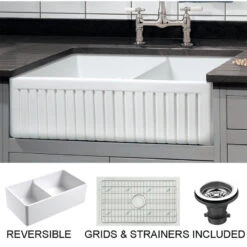Sutton Place Reversible Farmhouse 55/45 Double Bowl Sink, Grid, Strainer, 33"
