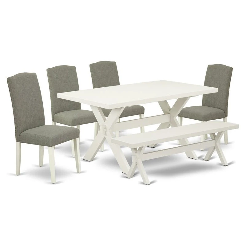 East West Furniture X-Style 6-piece Wood Dining Set In Linen White/Dark Shitake 3 East West Furniture X-Style 6-piece Wood Dining Set In Linen White/Dark Shitake