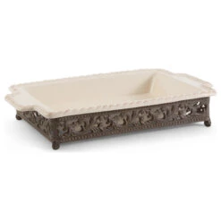 Acanthus Ceramic Baker With An Artfully Crafted Scrolled Metal Base, 14x9