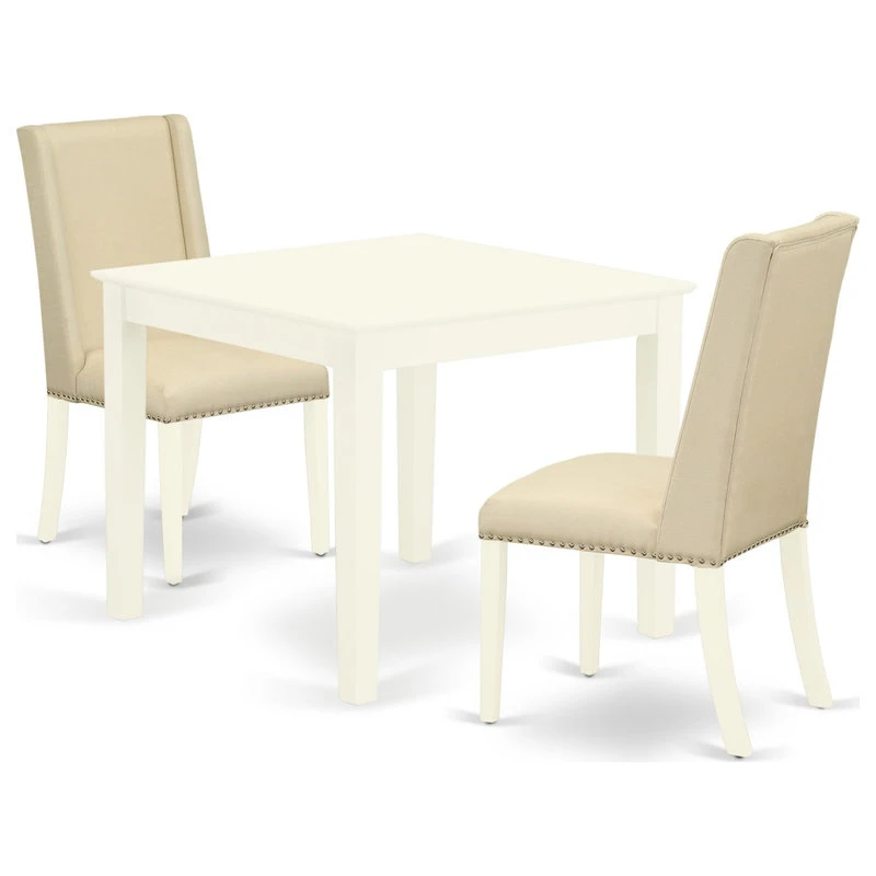 3-Piece Kitchen Set, Table, 2 Chairs, Cream Chairs Seat-Rubber Wood Legs, White 3 3-Piece Kitchen Set, Table, 2 Chairs, Cream Chairs Seat-Rubber Wood Legs, White
