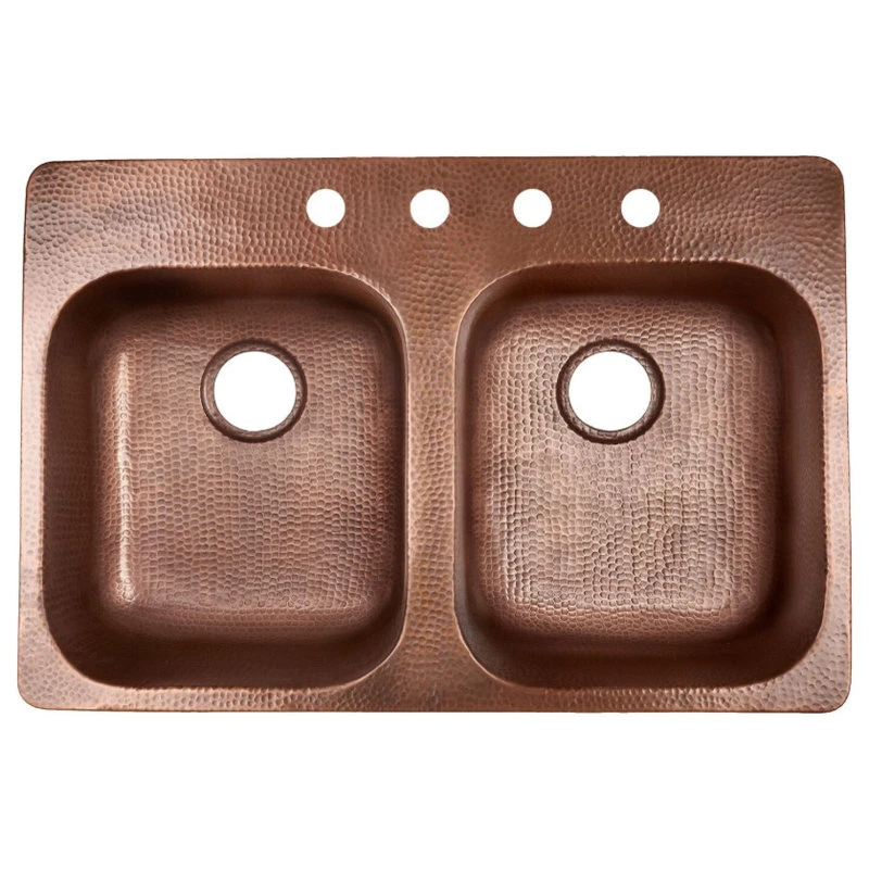 Santi 33" Drop-in Copper Double Bowl Kitchen Sink, 4 Holes Right 3 Santi 33" Drop-in Copper Double Bowl Kitchen Sink, 4 Holes Right
