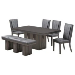 Voight 6 Piece Pedestal Dining Set, Gray Wood And Vinyl, Table, Table, 4 Chairs
