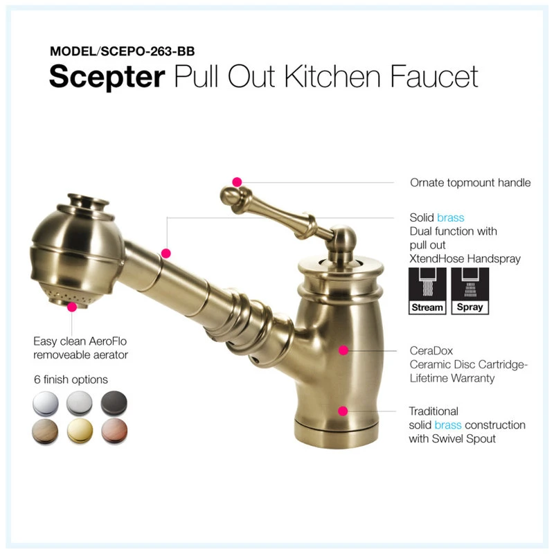Scepter Pull Out Solid Brass Kitchen Faucet CeraDox Technology, Brushed Brass 4 Scepter Pull Out Solid Brass Kitchen Faucet CeraDox Technology, Brushed Brass - Image 2