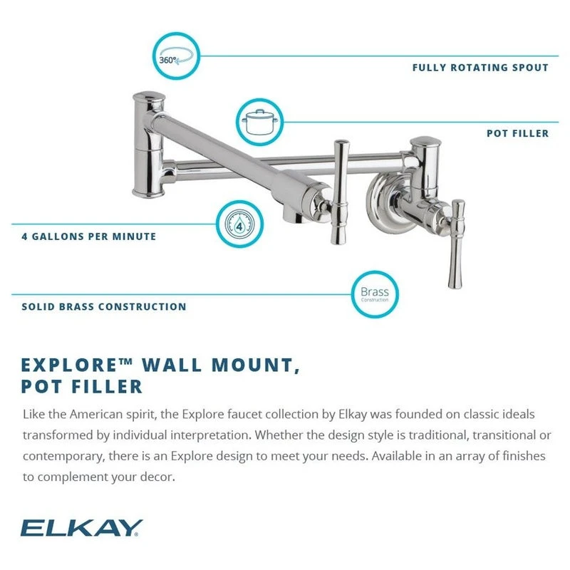 Elkay Explore Wall Mount Pot Filler Kitchen Faucet W/ Lever Handles, Chrome 7 Elkay Explore Wall Mount Pot Filler Kitchen Faucet W/ Lever Handles, Chrome - Image 5