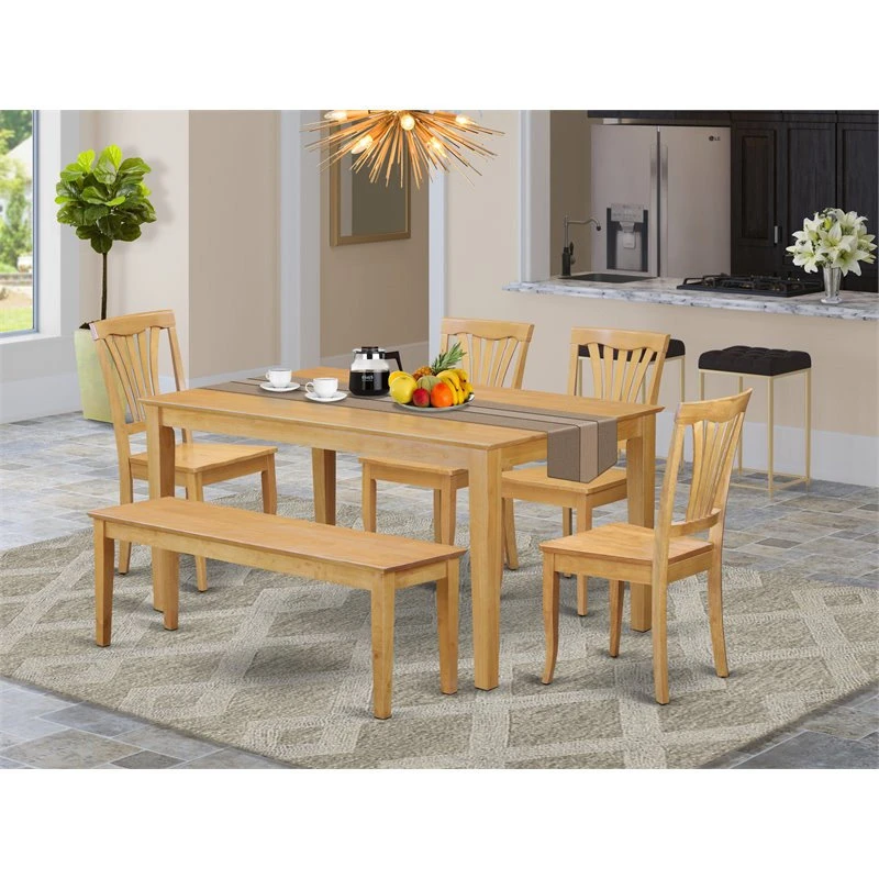 East West Furniture Capri 6-piece Traditional Wood Dining Set With Bench In Oak 4 East West Furniture Capri 6-piece Traditional Wood Dining Set With Bench In Oak - Image 2