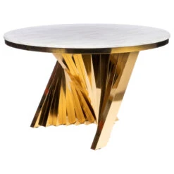 Waterfall Round Marble Top Dining Table, Gold And White