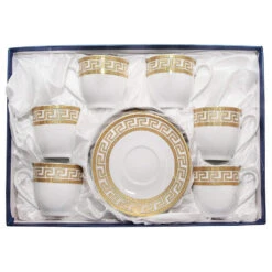 Royalty Porcelain 12pc Gold Coffee Set, 6 Cups With Saucers, Greek Pattern