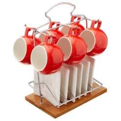 Uniware Set Of 6 Porcelain Espresso Cups Set With Saucers, Red And Holder
