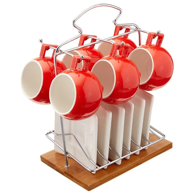 Uniware Set Of 6 Porcelain Espresso Cups Set With Saucers, Red And Holder 3 Uniware Set Of 6 Porcelain Espresso Cups Set With Saucers, Red And Holder