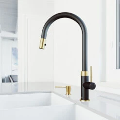 VIGO Bristol Pull-Down Kitchen Faucet With Soap Dispenser, Matte Brushed Gold/Ma -Whole House Kitchenware b1715e1a0f8ece92 6676 w800 h800 b0 p0