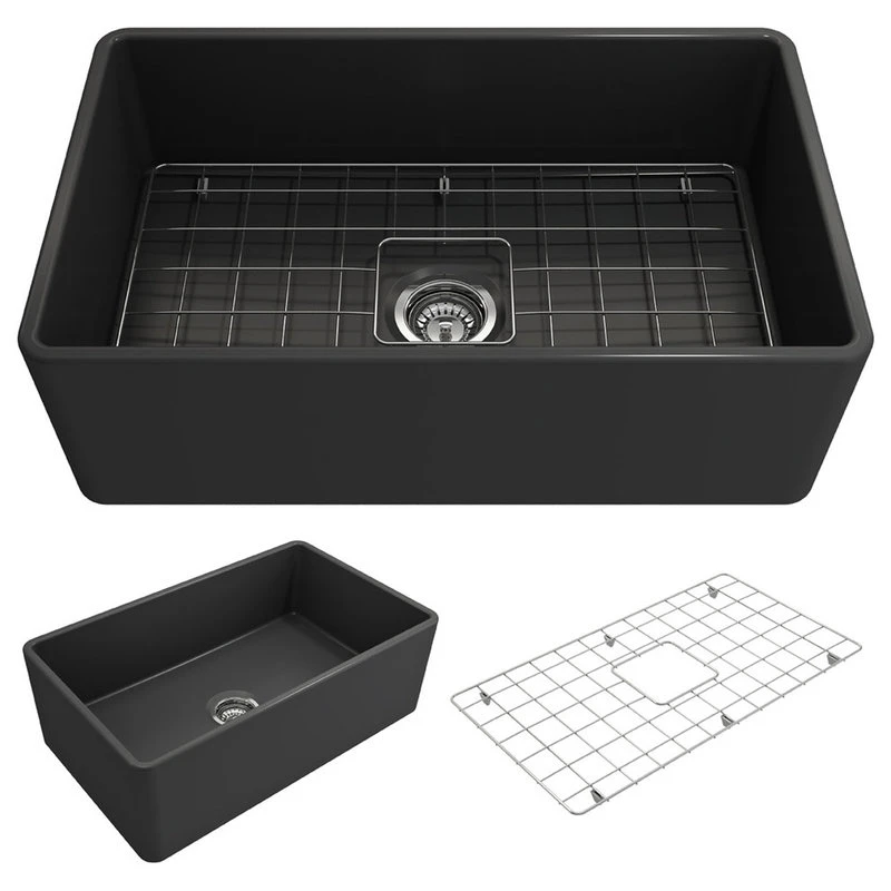 Classico Farmhouse Kitchen Sink With Grid And Strainer, 30", Matte Dark Gray 3 Classico Farmhouse Kitchen Sink With Grid And Strainer, 30", Matte Dark Gray