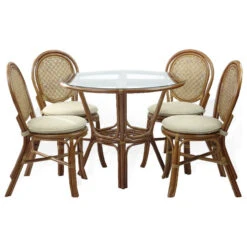 5-Piece Set Of Denver Dining Rattan Side Chairs W/Cream Cushions And Round Table
