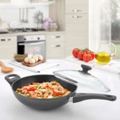 Saflon Titanium Nonstick 11" Wok Pan W/ Tempered Glass Lid, PFOA Free, Gray -Whole House Kitchenware bfc13e2c0b203364 2577 w800 h800 b0 p0