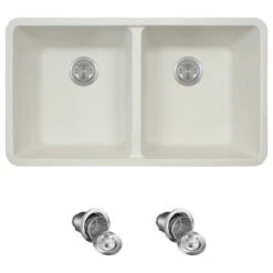 802 Double Equal Bowl Quartz Kitchen Sink, White, Basket Strainers