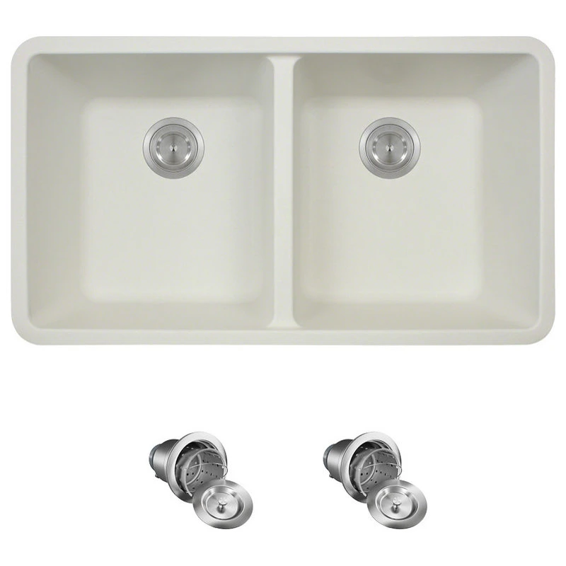 802 Double Equal Bowl Quartz Kitchen Sink, White, Basket Strainers 3 802 Double Equal Bowl Quartz Kitchen Sink, White, Basket Strainers