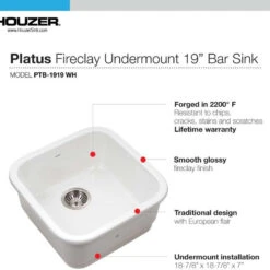 Platus Fireclay Undermount 19" Square Bar Sink, White -Whole House Kitchenware d6319f7a0b6866cf 2512 w800 h800 b0 p0