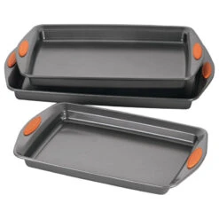 Yum-O! Nonstick 3-Piece Oven Lovin' Cookie Pan Set, Gray, Orange Silicone Grips -Whole House Kitchenware d921de1c06c3514e 8227 w800 h800 b1 p0