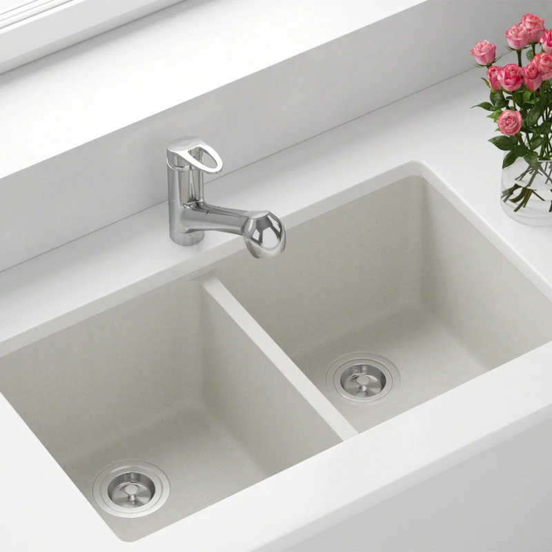 802 Double Equal Bowl Quartz Kitchen Sink, White, Basket Strainers 4 802 Double Equal Bowl Quartz Kitchen Sink, White, Basket Strainers - Image 2