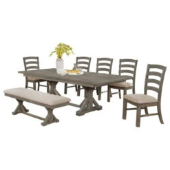 7pc Rustic Gray Brown Wood Dining Set With Beige Linen Bench And Chairs
