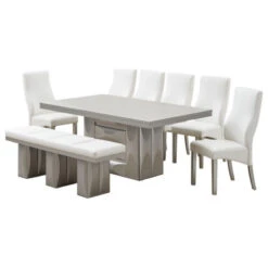 Astra 6 Piece Dining Set, Champagne Wood And White Vinyl, 6 Chairs, Bench
