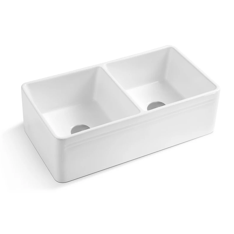 33" White Fireclay Double Basin Farmhouse Kitchen Sink-Reversible Design 4 33" White Fireclay Double Basin Farmhouse Kitchen Sink-Reversible Design - Image 2