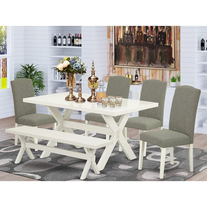 East West Furniture X-Style 6-piece Wood Dining Set In Linen White/Dark Shitake 4 East West Furniture X-Style 6-piece Wood Dining Set In Linen White/Dark Shitake - Image 2
