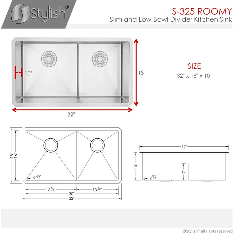 32" X 18" Stainless Steel Double Basin Low Divider Undermount Kitchen Sink 10 32" X 18" Stainless Steel Double Basin Low Divider Undermount Kitchen Sink - Image 8