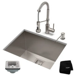24" Undermount Stainless Steel Kitchen Sink, Pull-Down Faucet SS With Dispenser