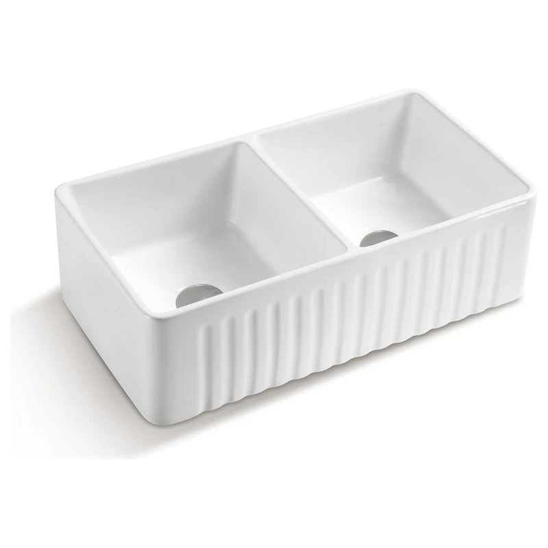 33" White Fireclay Double Basin Farmhouse Kitchen Sink-Reversible Design 3 33" White Fireclay Double Basin Farmhouse Kitchen Sink-Reversible Design