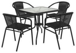 Flash Furniture 28'' Square Glass Metal Table With 4 Black Rattan Stack Chairs