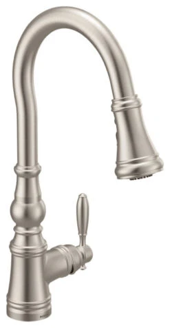 Moen Weymouth Shepherd's Hook Pulldown Kitchen Faucet+Wand With Power Boost, Spo