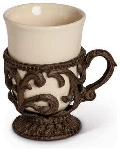 Acanthus Leaf Cream Ceramic Cups With Brown Metal Base And Handle (Set Of 4)